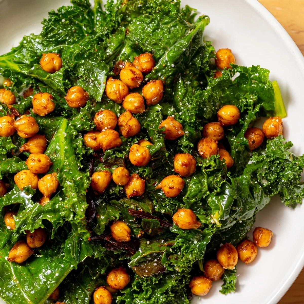 Golden-brown, crispy chickpeas top a plate of flavorful Warm Kale Salad for a healthy and satisfying meal.