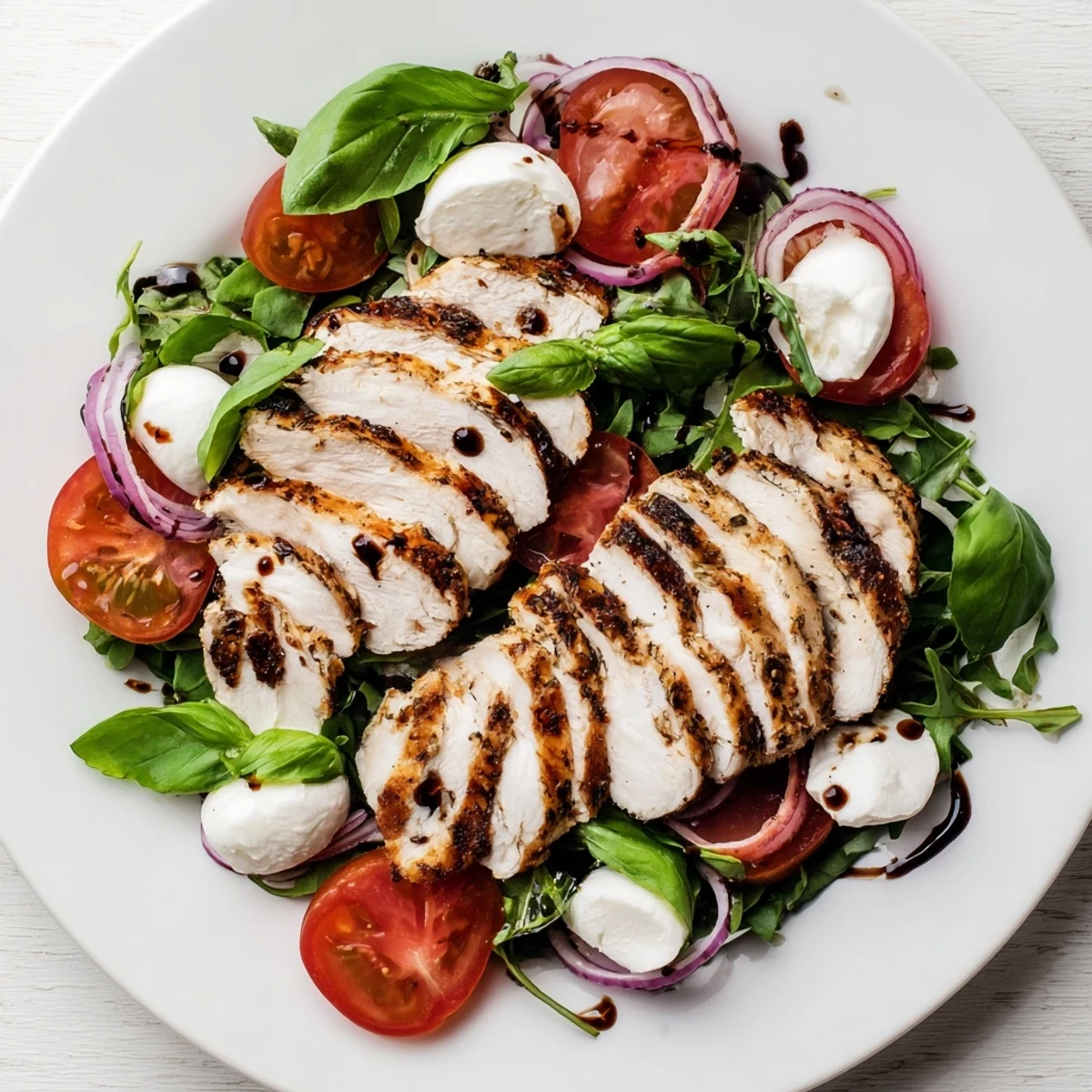 Visually stunning Caprese Chicken Salad with grilled chicken, mozzarella, and juicy ripe tomatoes.