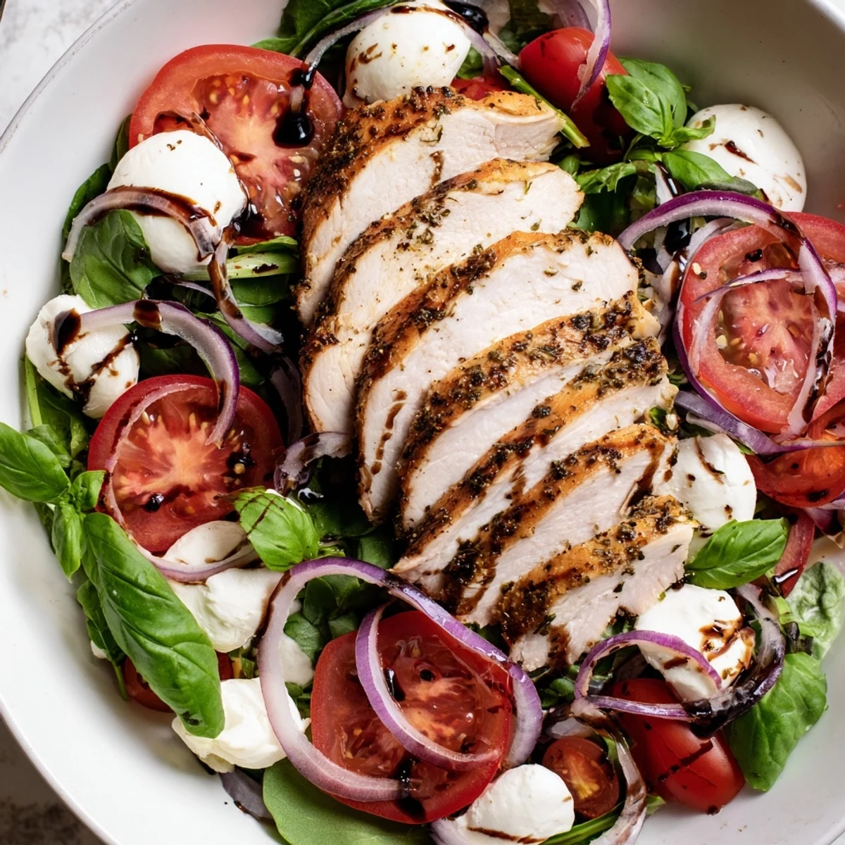 Fresh basil and balsamic glaze enhance this flavorful Caprese Chicken Salad presentation.