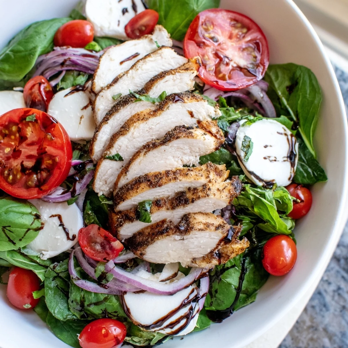 Enjoy a colorful plate of Caprese Chicken Salad, a delightful and healthy Italian-inspired meal.