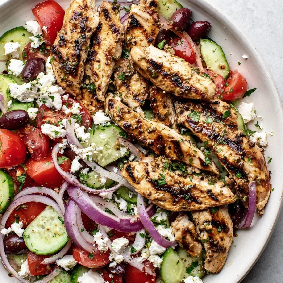 Greek Salad with grilled chicken, a colorful meal bursting with fresh tomatoes and savory feta.