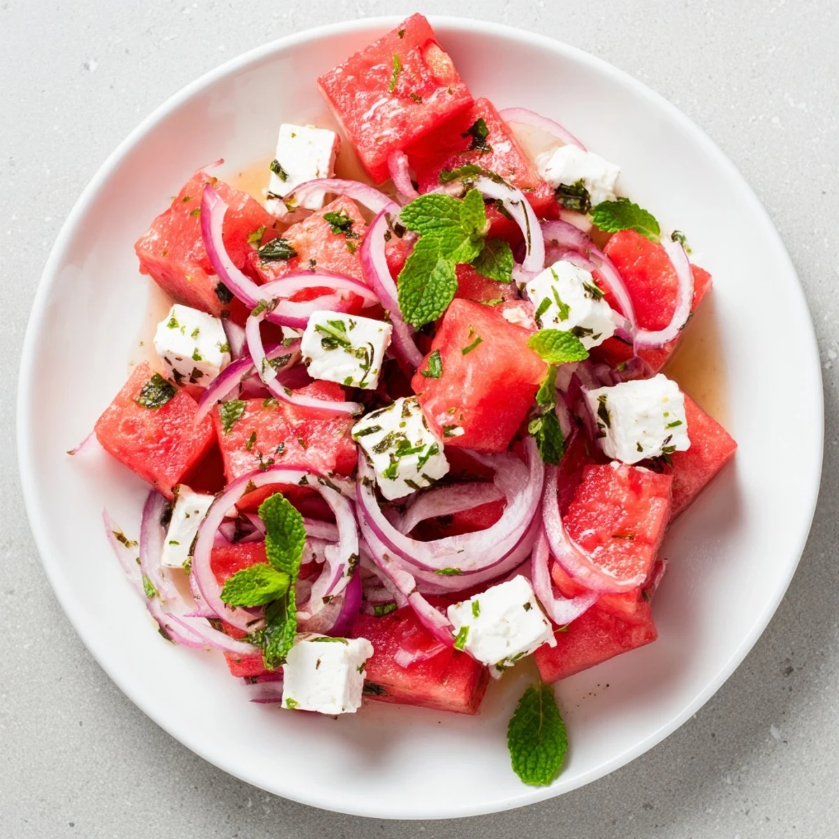 Vibrant Watermelon Feta Salad, showcasing juicy watermelon cubes with creamy feta and fresh mint.