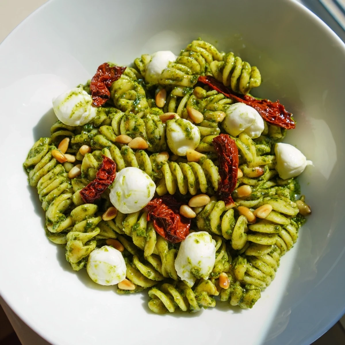 Beautiful Pesto Pasta Salad, loaded with sun-dried tomatoes and fresh mozzarella, is ready to serve.