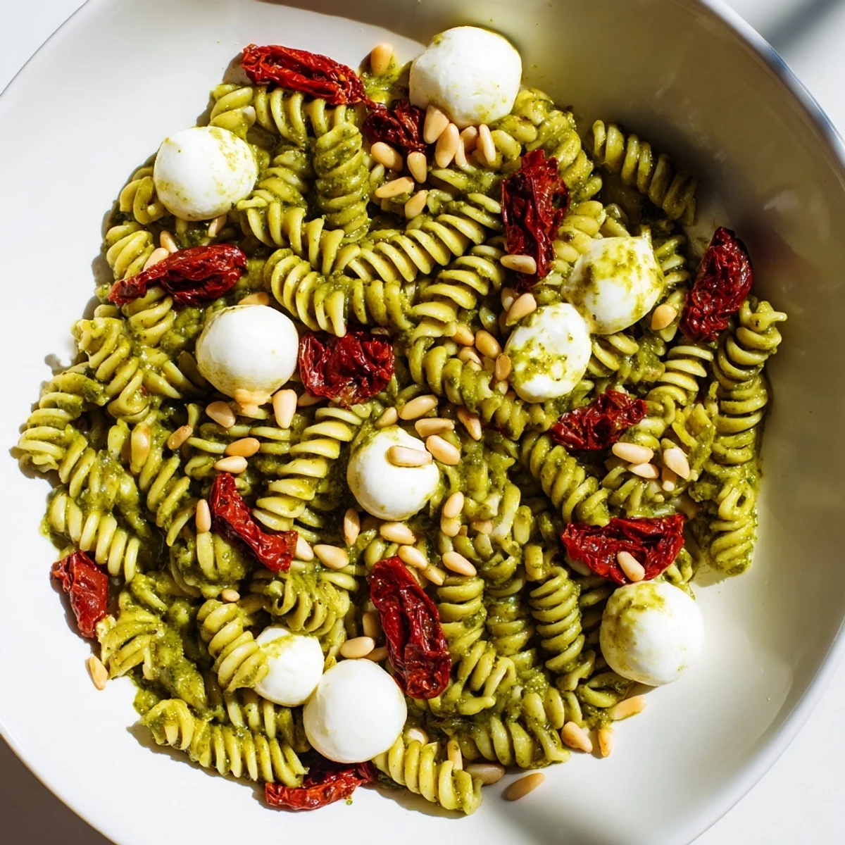 A summer-ready bowl of vibrant Pesto Pasta Salad includes toasted pine nuts and a bright, zesty lemon flavor.