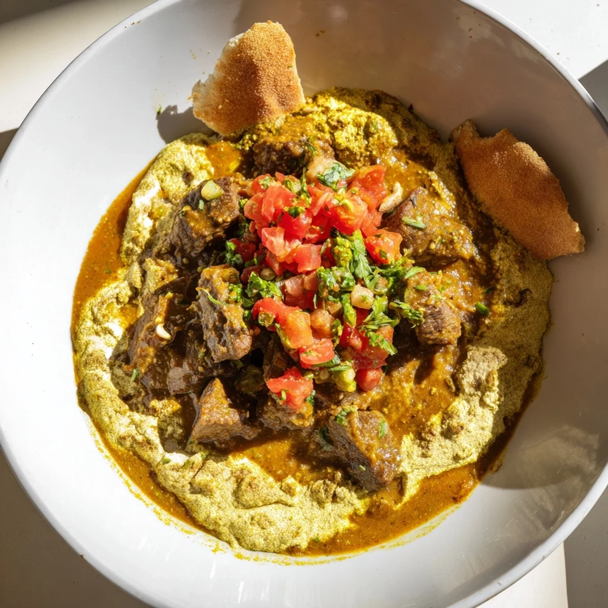 Hearty Yemeni Saltah stew with chunks of meat in a rich, spiced broth, served hot with bread.