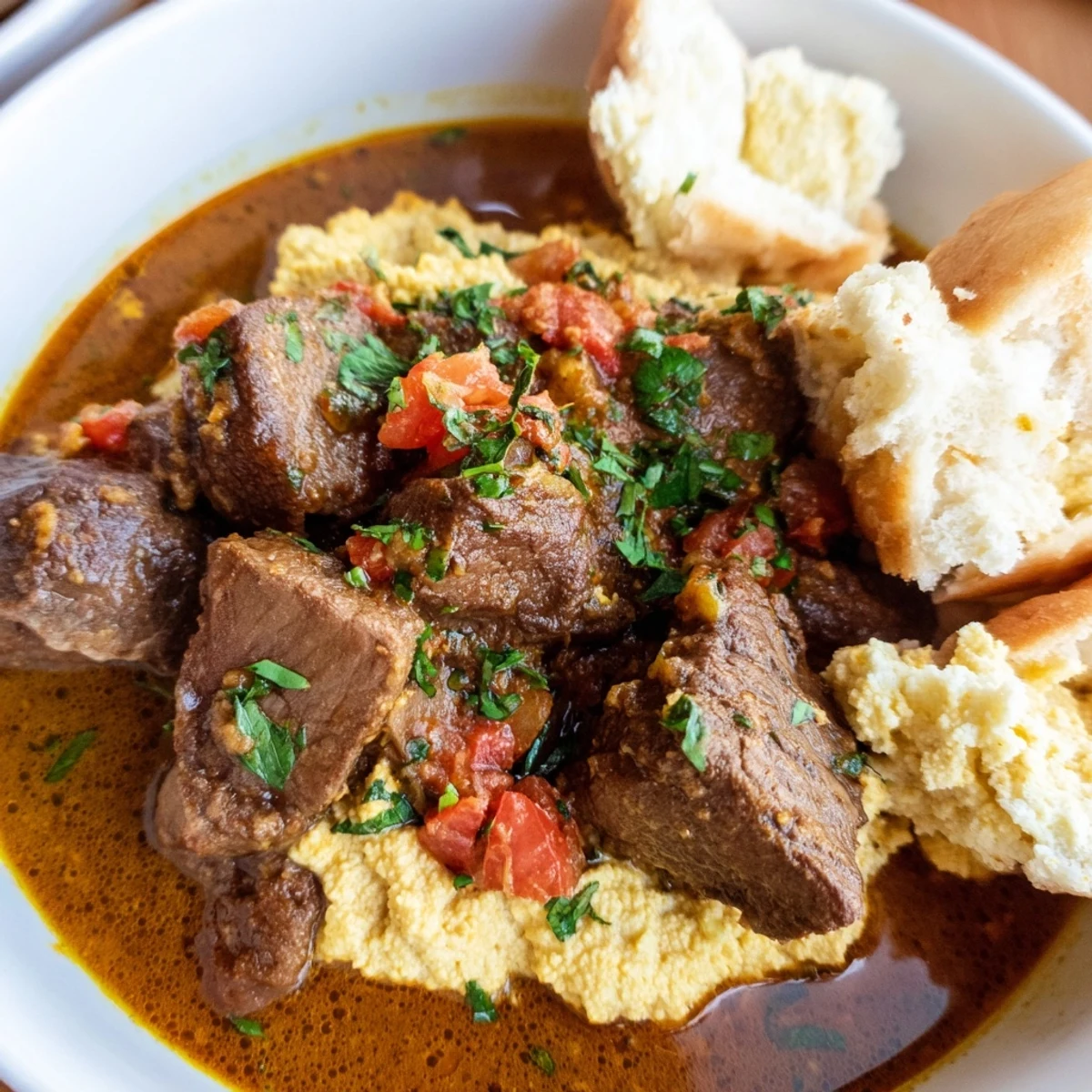 A steaming bowl of Yemeni Saltah, the savory meat stew topped with fluffy fenugreek, ready to eat.