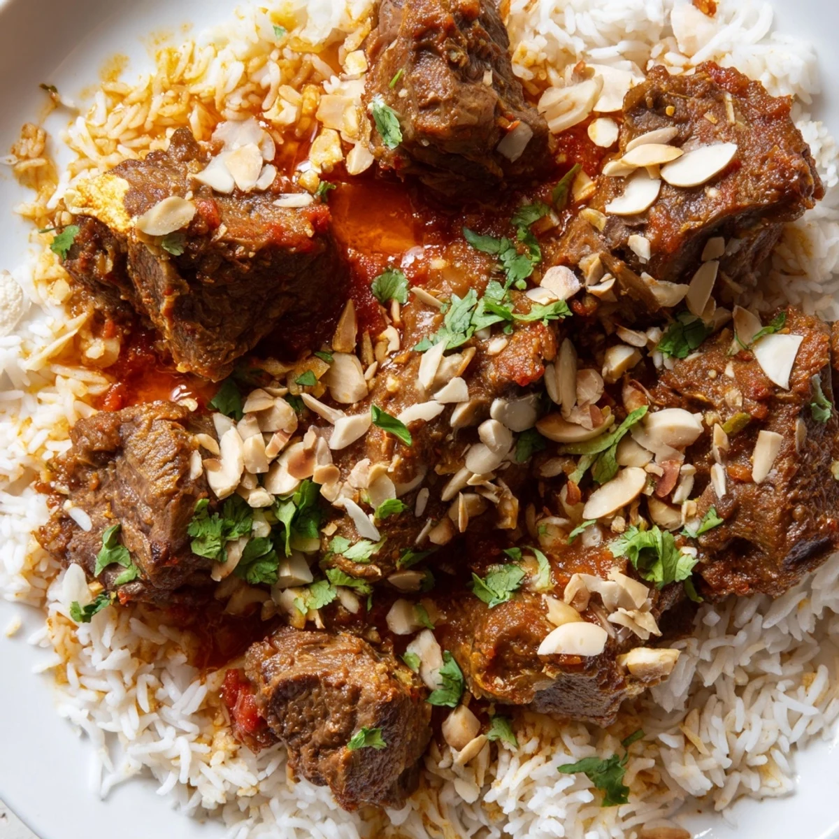 A steaming platter of Qatari Majboos, with fluffy rice and tender lamb, ready to serve.
