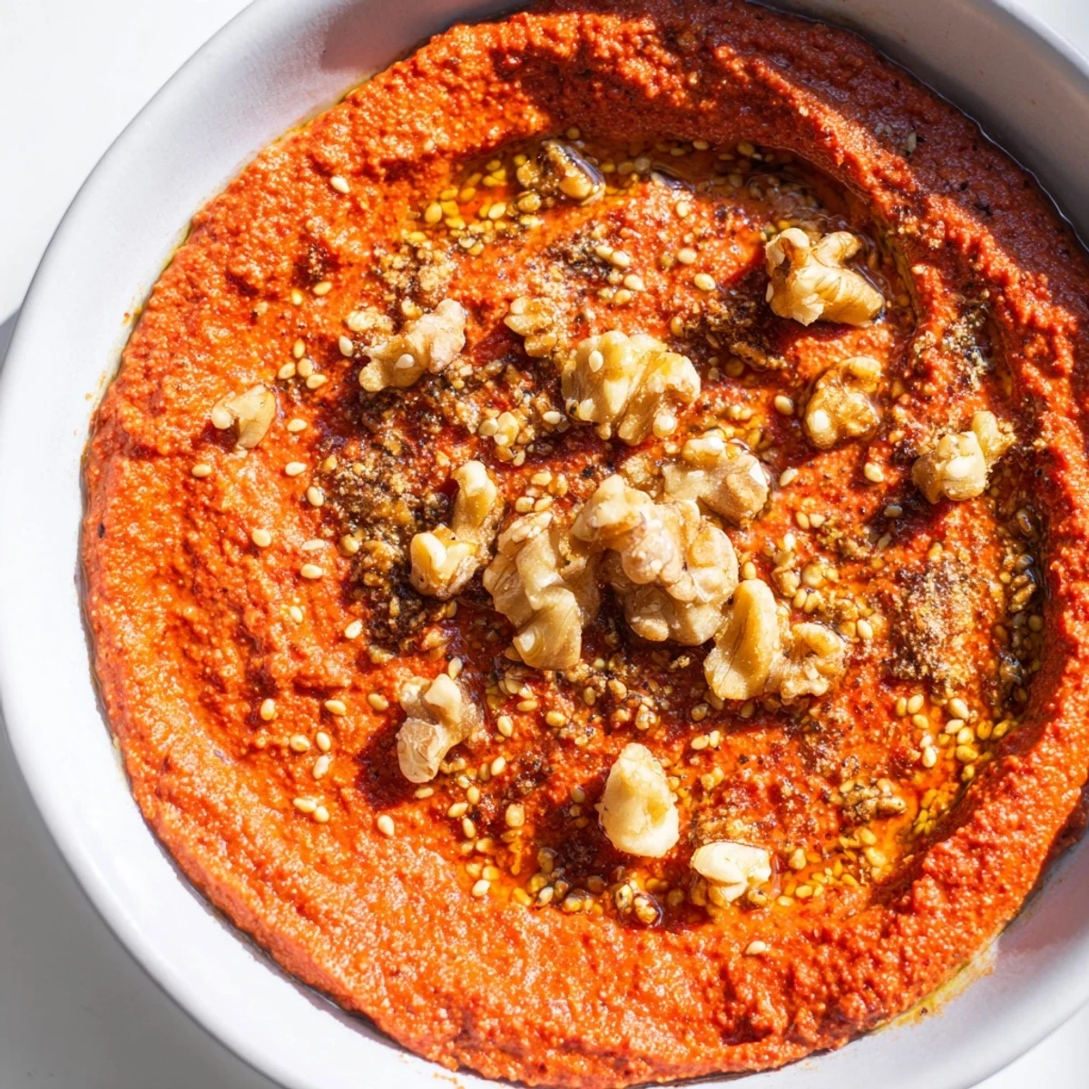 A beautifully smooth Syrian Muhammara dip, rich in red pepper and walnut flavors, drizzled with olive oil.