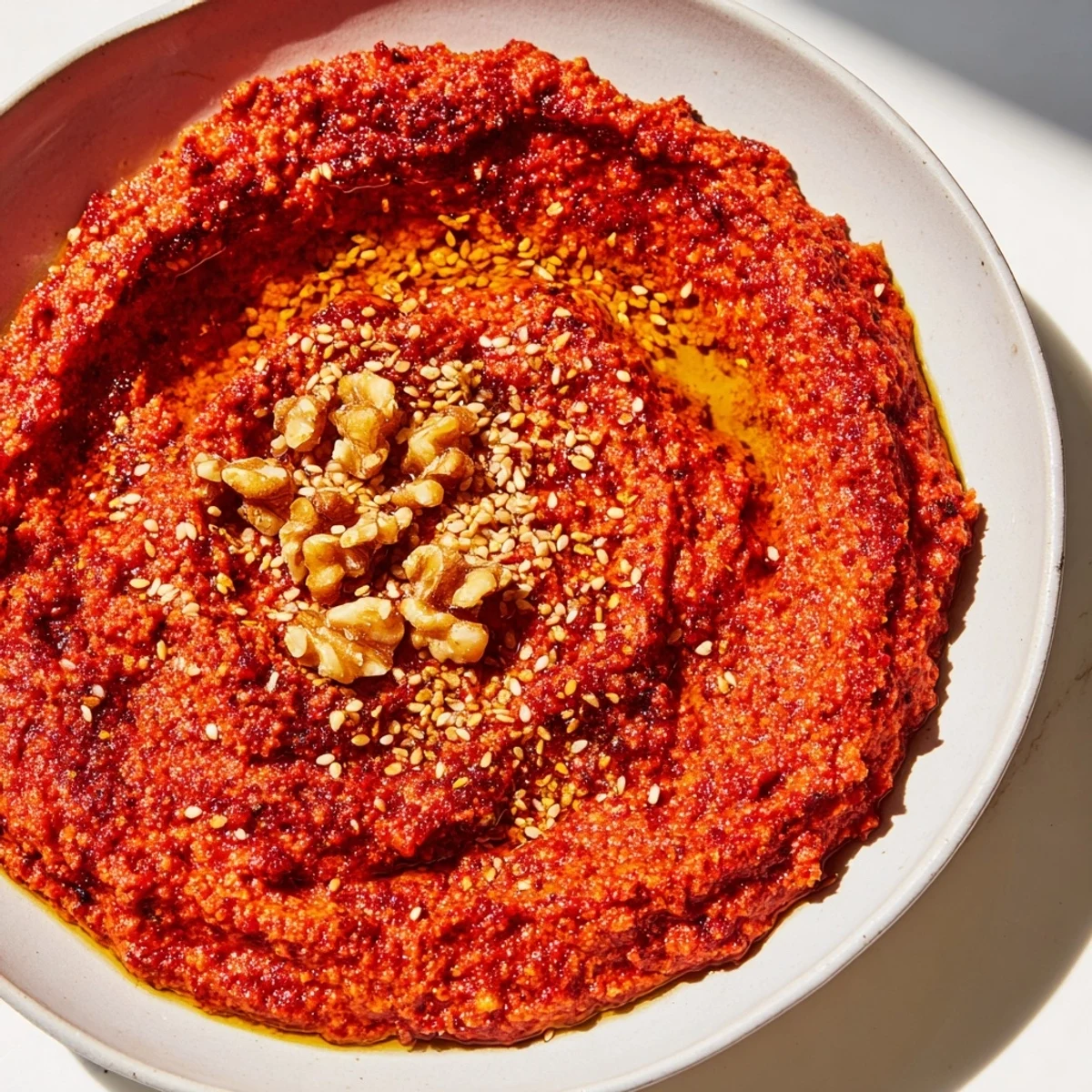 Close-up of a vibrant Syrian Muhammara appetizer, perfect for dipping with fresh pita bread and vegetables.