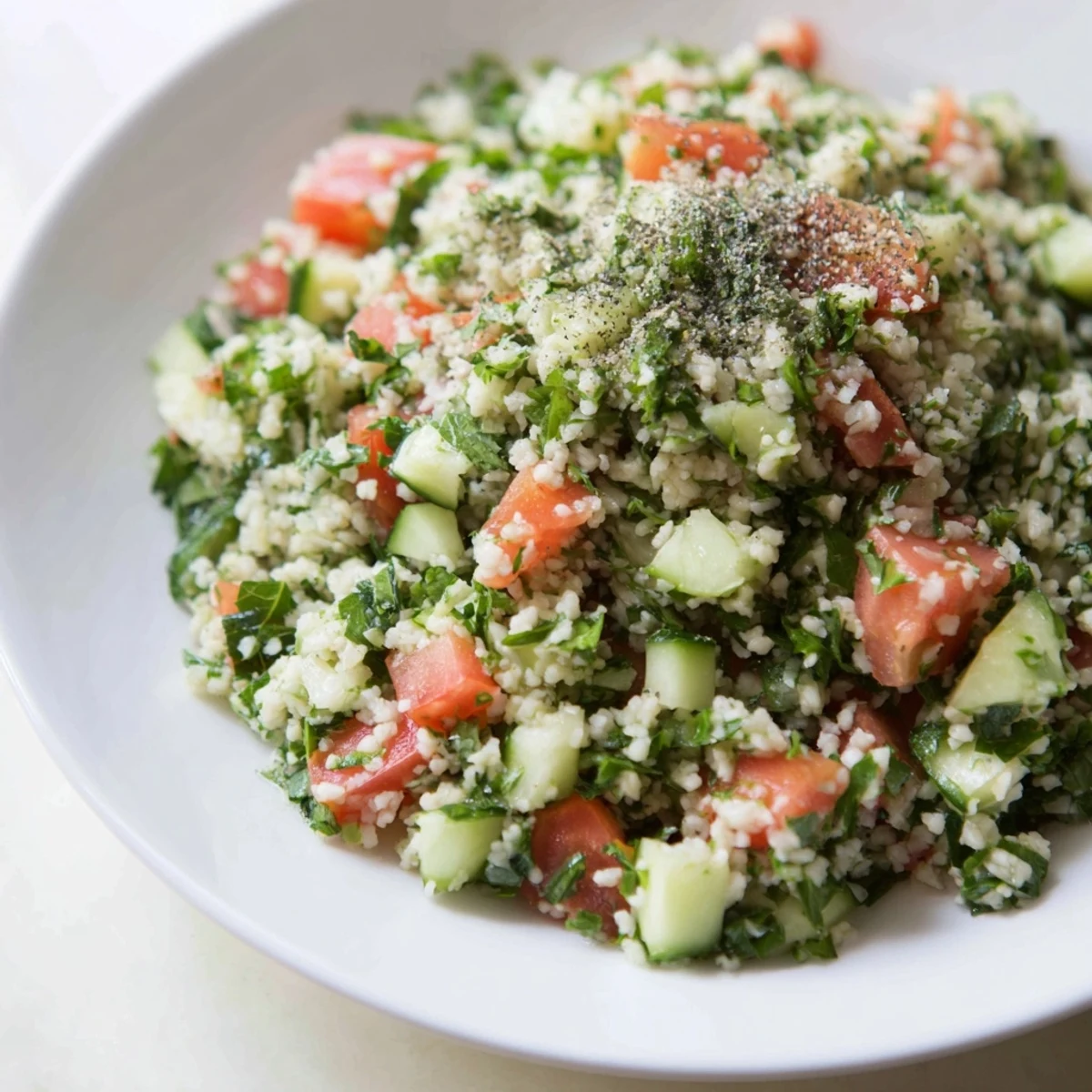 Fresh, vibrant Lebanese Tabbouleh salad with bright red tomatoes and cool, crisp cucumber for serving.