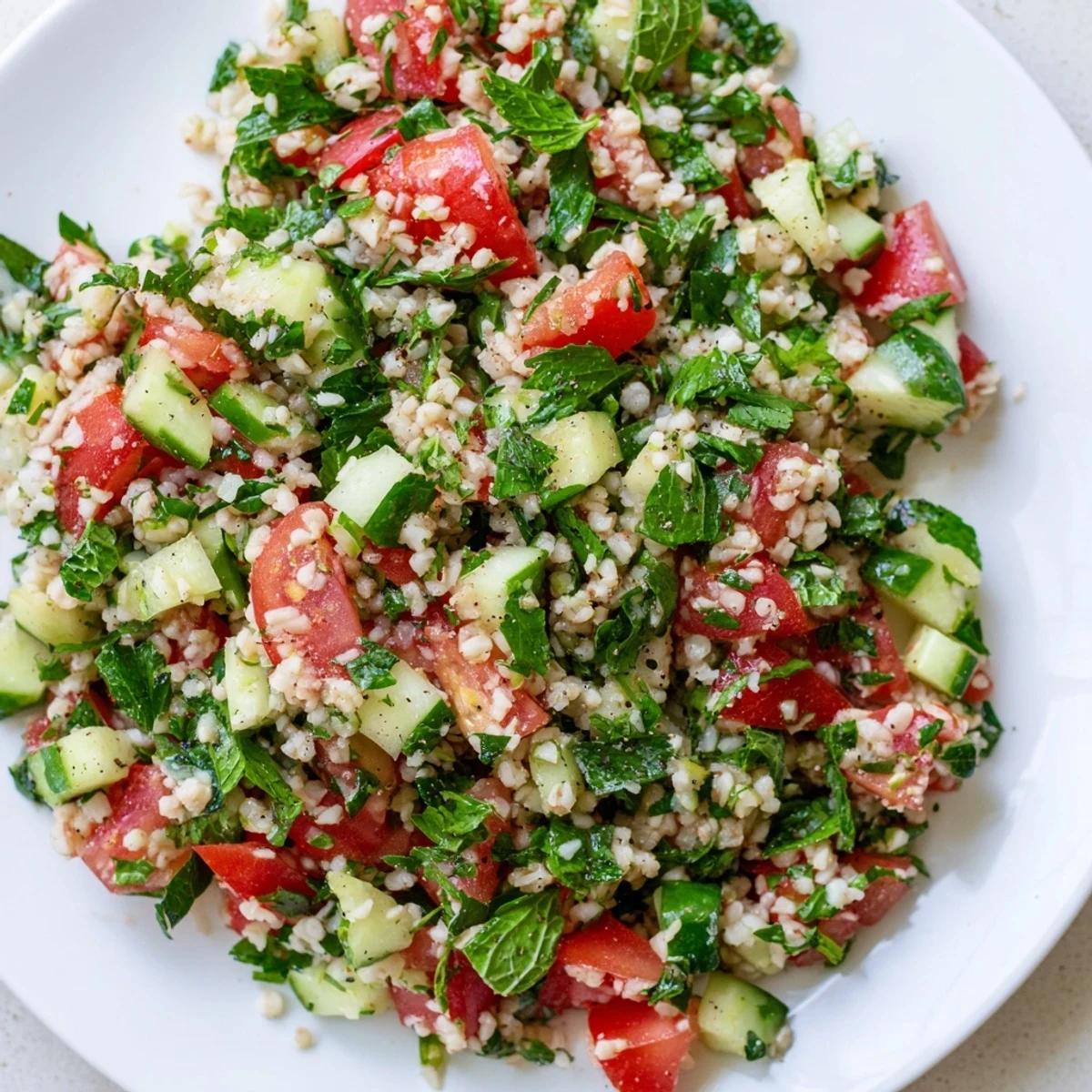 Enjoy a spoonful of the flavorful Lebanese Tabbouleh salad, bursting with zesty lemon and olive oil dressing.