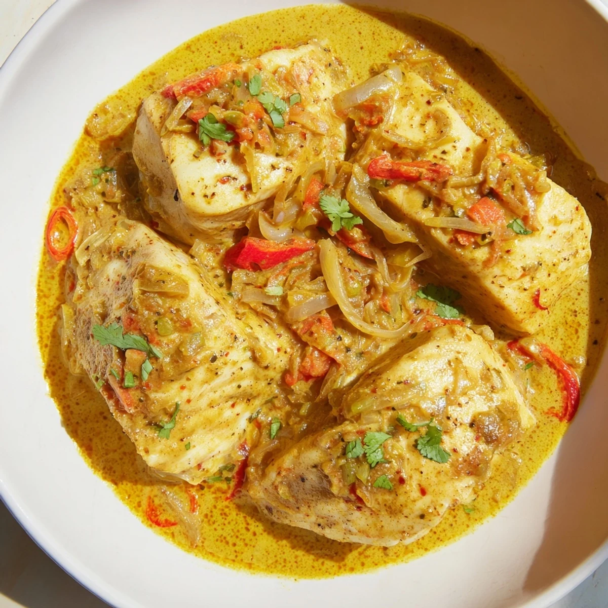 A close-up of Bahraini Fish Curry, showcasing tender fish in a creamy, spiced coconut sauce.