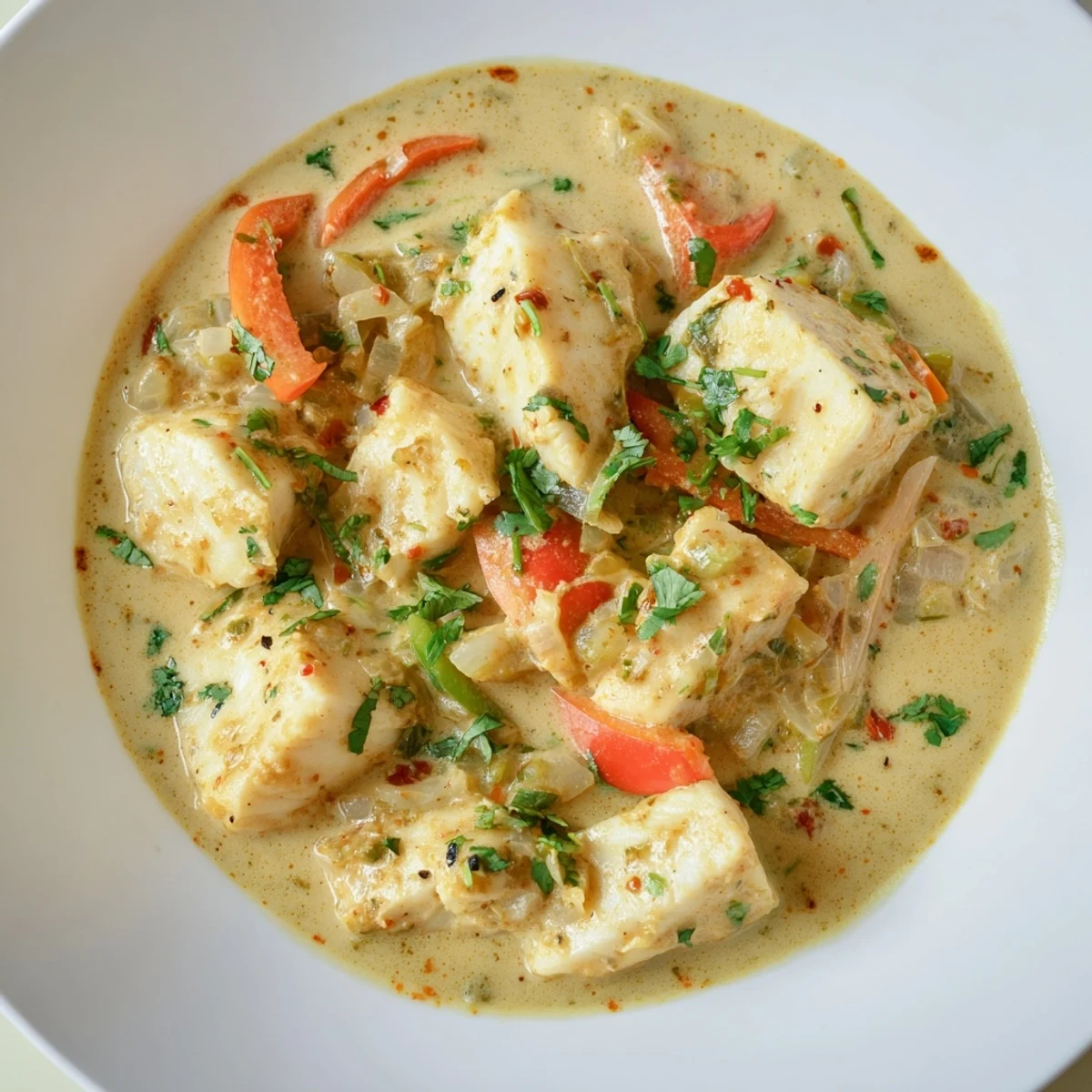 Golden Bahraini Fish Curry served in a white bowl, garnished with fresh cilantro, ready to eat.