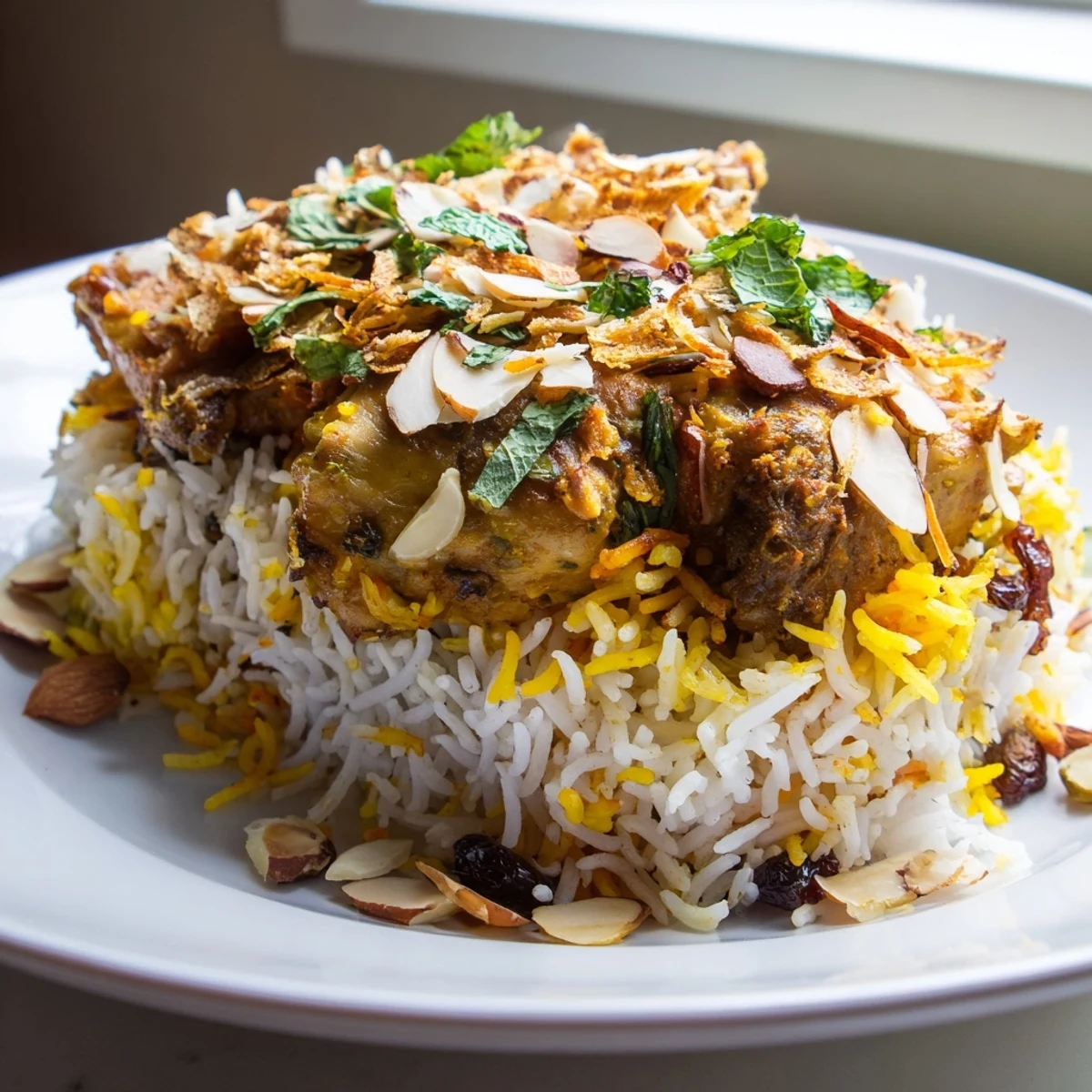 Golden, fluffy Kuwaiti Biryani rice, layered with tender meat, fragrant spices, ready to enjoy.