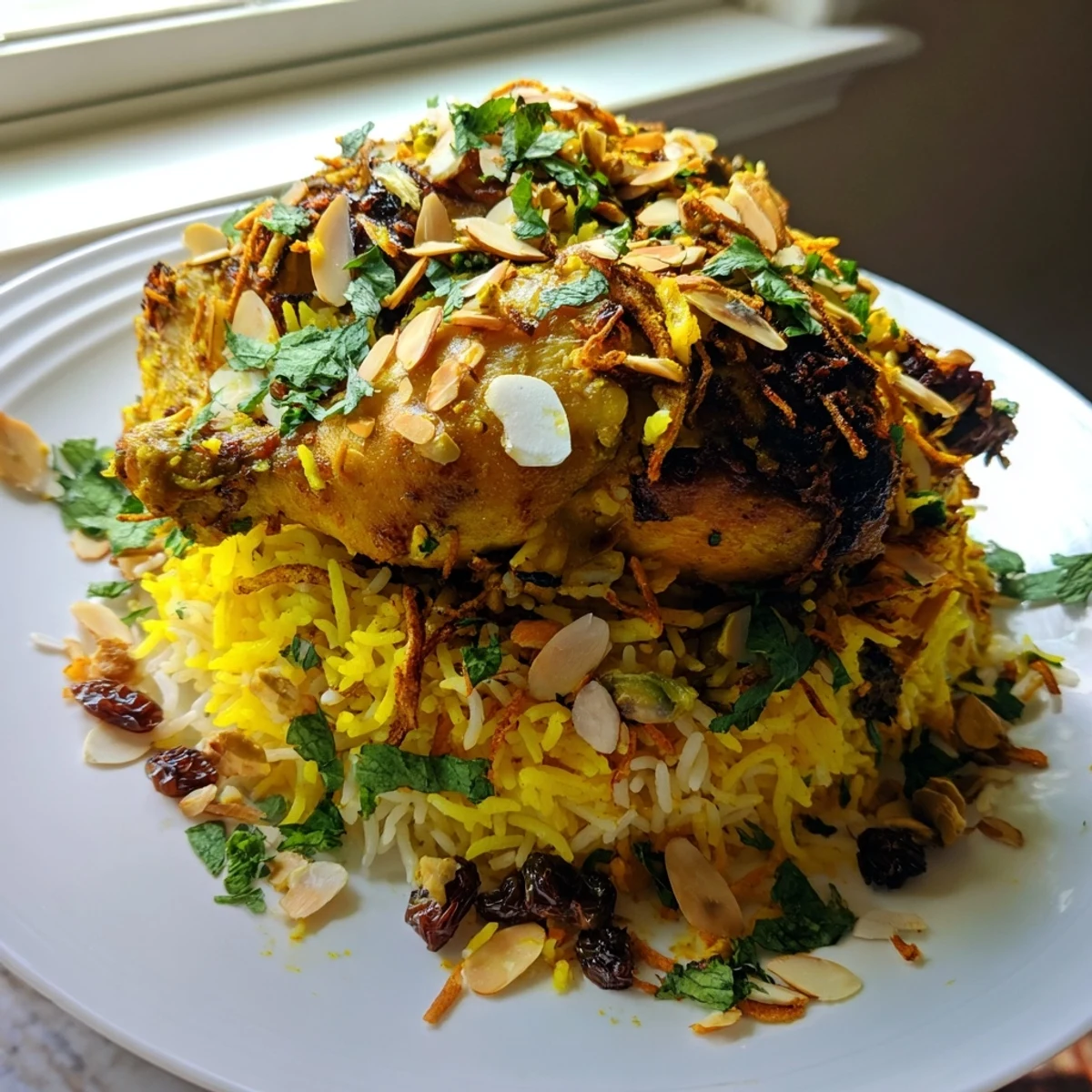 A vibrant photo showcases the rich, layered ingredients of authentic Kuwaiti Biryani rice, aromatic and delicious.