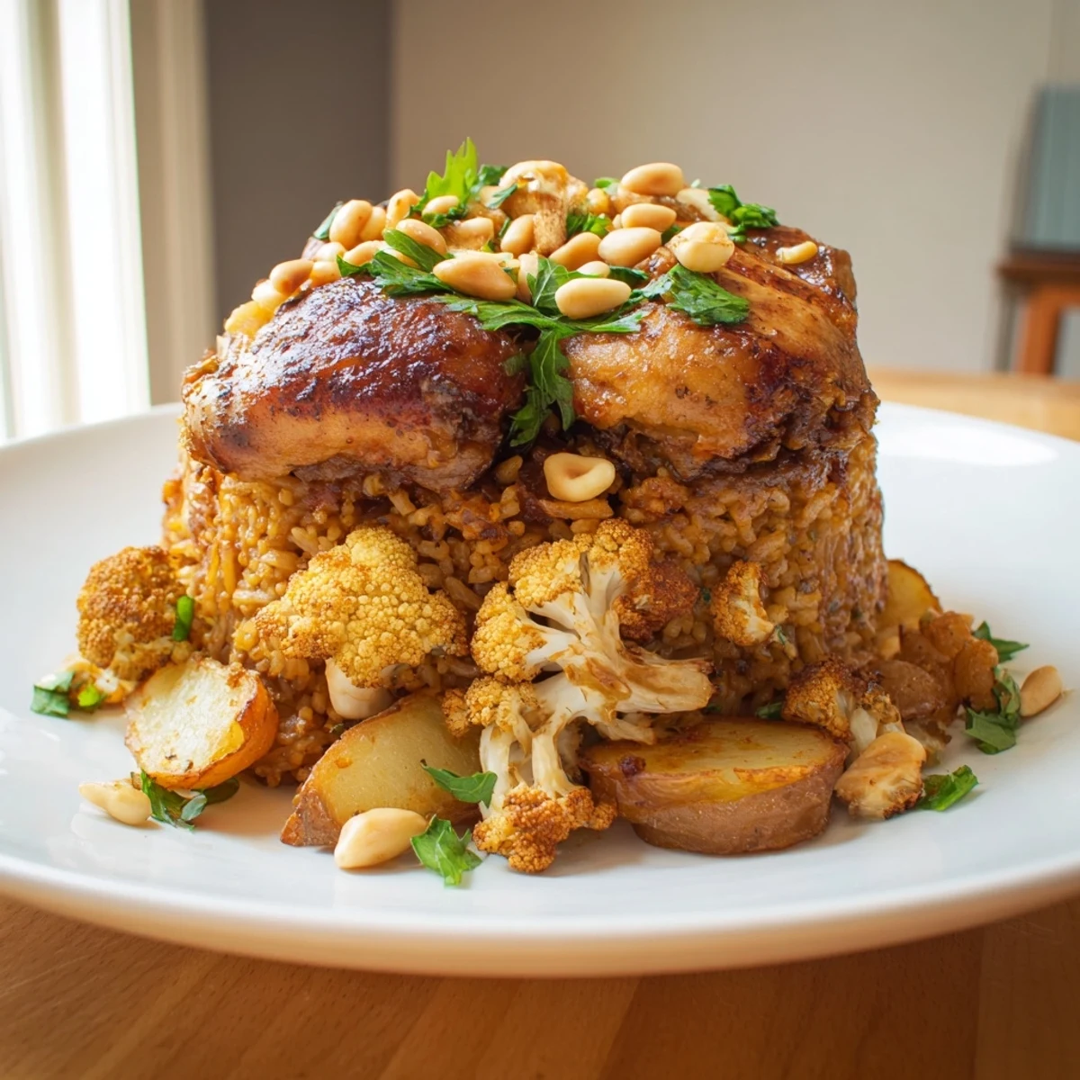 A close-up of fragrant Maklouba, showcasing tender chicken with spices and fluffy rice.