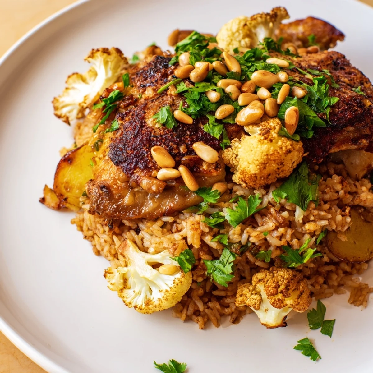 This hearty Palestinian Maklouba recipe picture shows a beautifully layered rice and chicken dish.