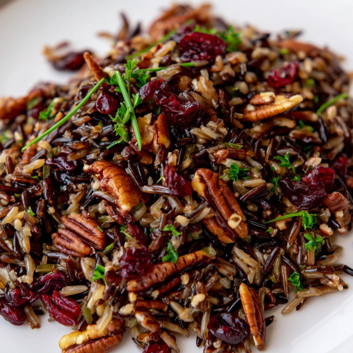 A close-up of the Wild Rice Harvest Salad with toasted pecans, dried cranberries, and fresh herbs in a rustic bowl.  