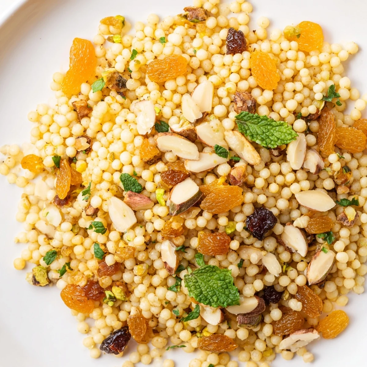 A close-up of fluffy couscous pilaf studded with chopped apricots, golden raisins, and pistachios, garnished with fresh parsley and lemon wedges.