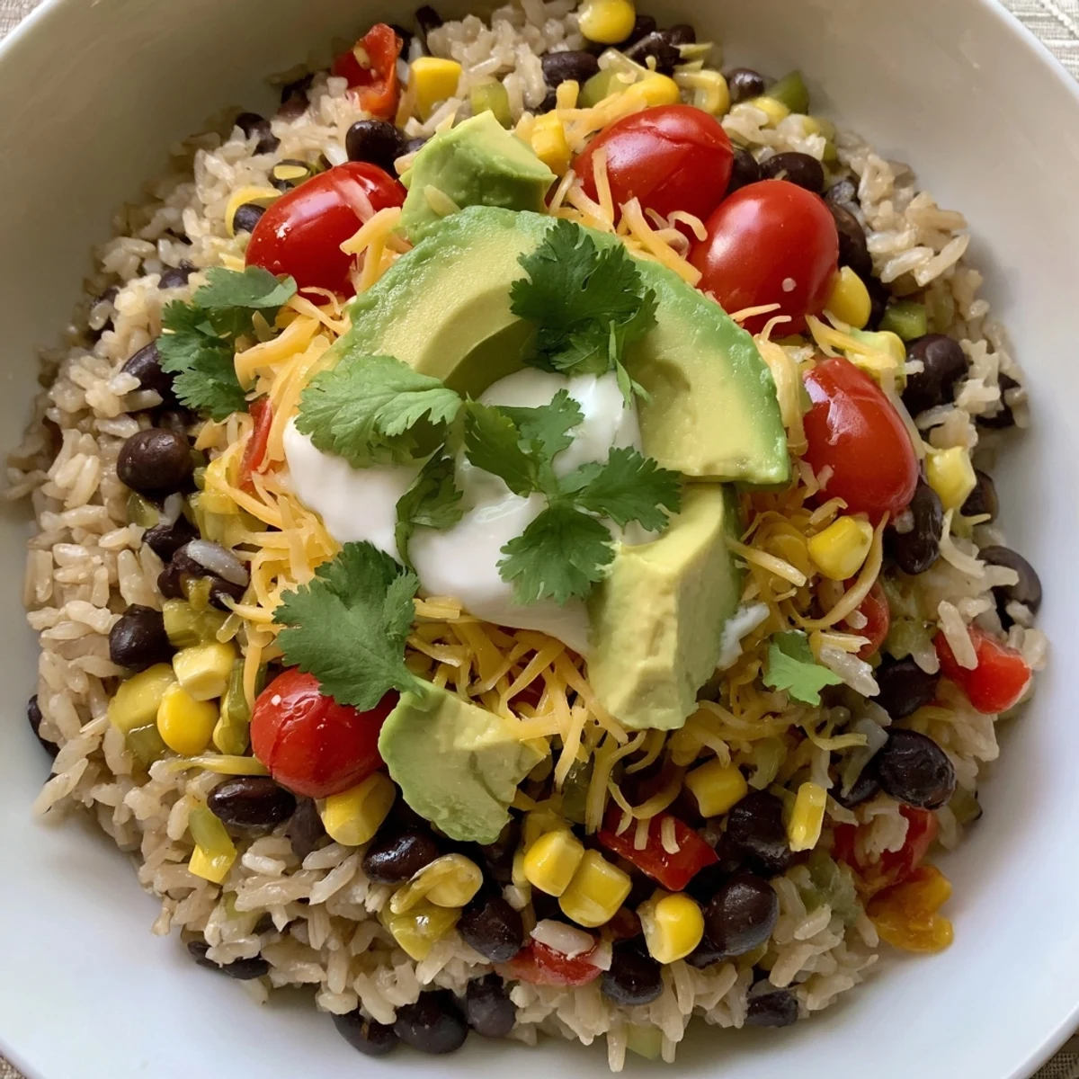 A vibrant Brown Rice Burrito Bowl with fluffy brown rice, black beans, corn, and diced bell peppers, topped with creamy queso and sour cream.