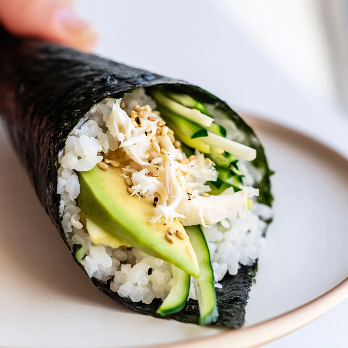 Crispy nori cone filled with seasoned sushi rice, creamy avocado, and sweet crab meat for a fresh hand roll. 