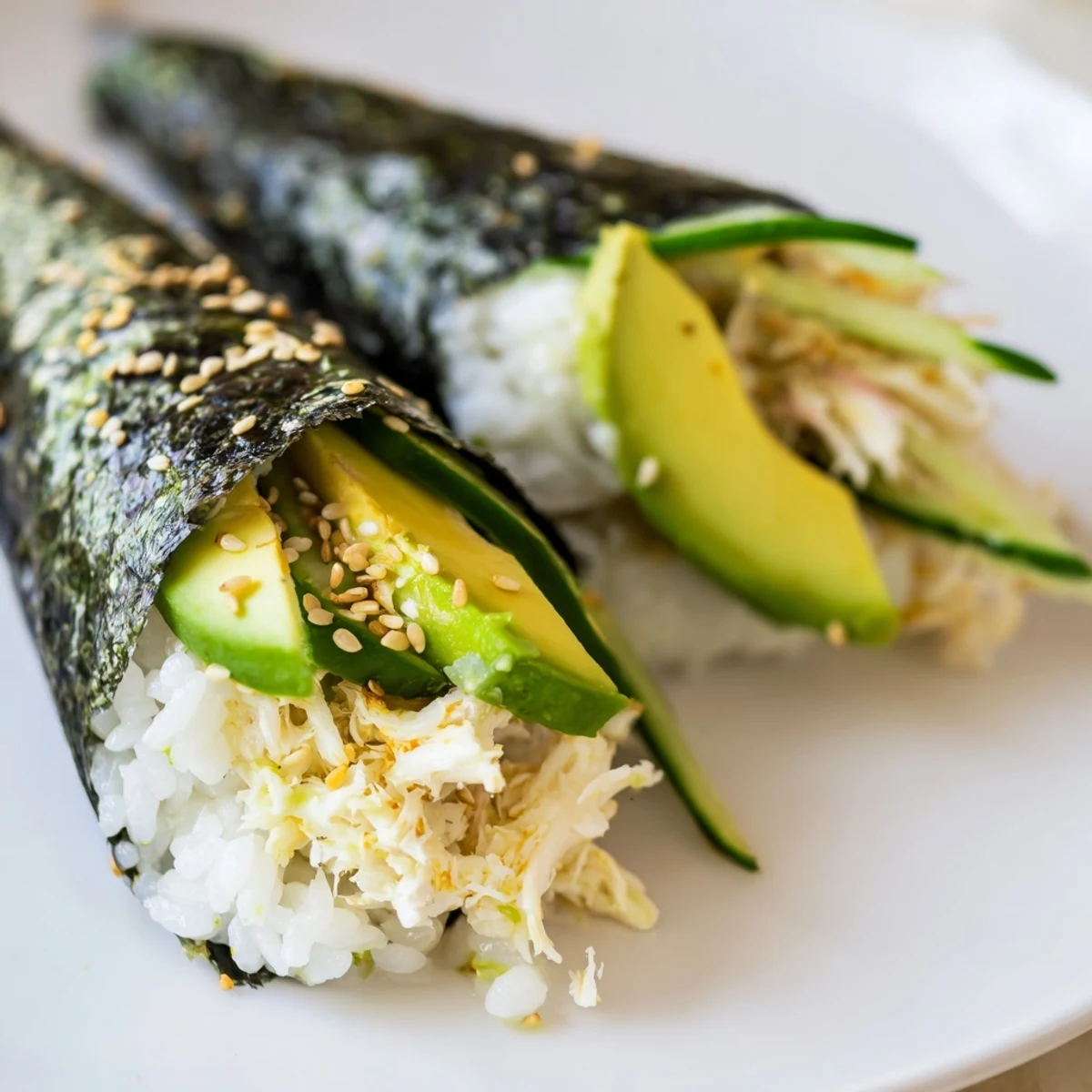 Homemade sushi rice hand rolls stuffed with crab, crisp veggies, ready to dip in soy sauce.