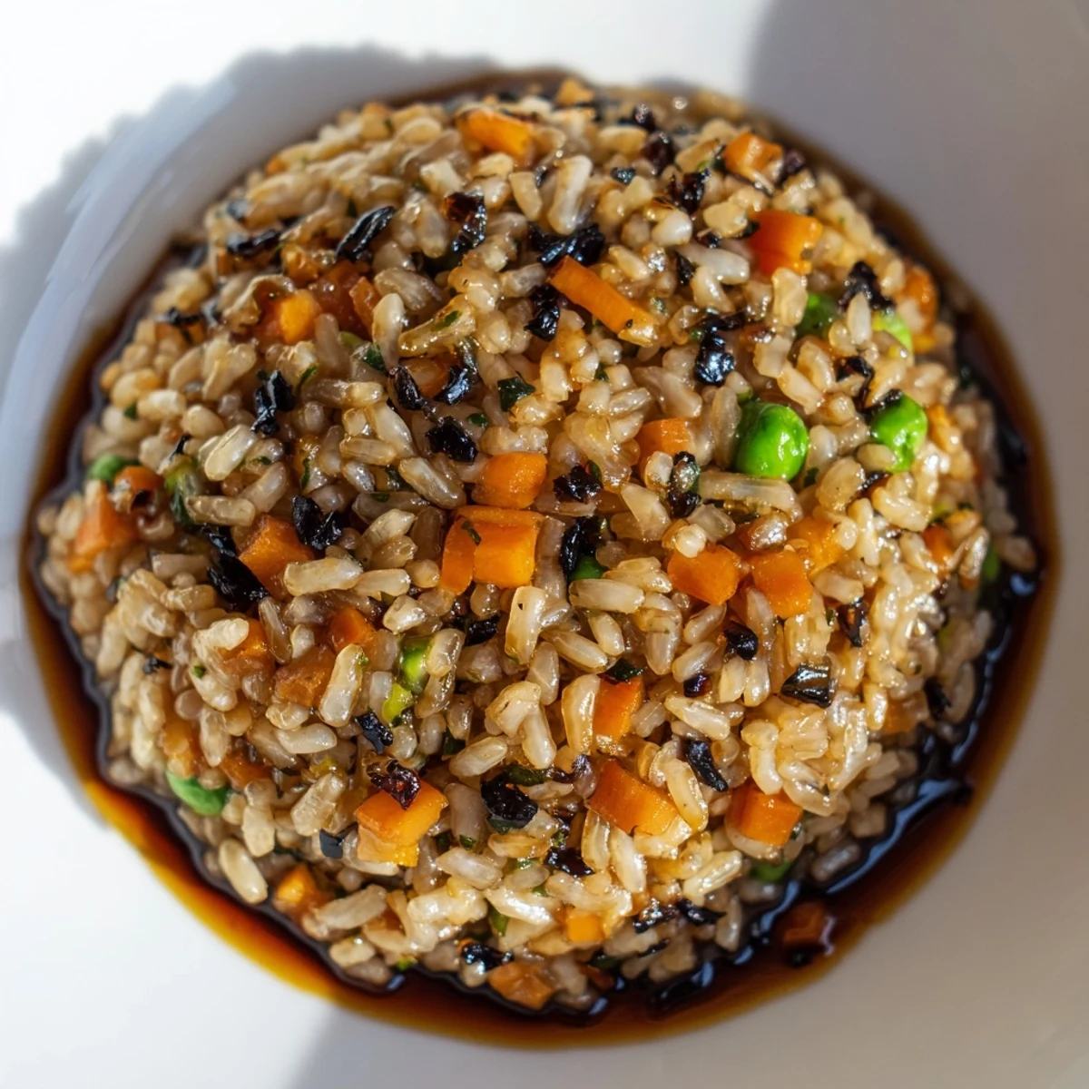 Black Garlic Fried Rice glistens with golden grains, sautéed vegetables, and a savory umami sauce in a hot wok.