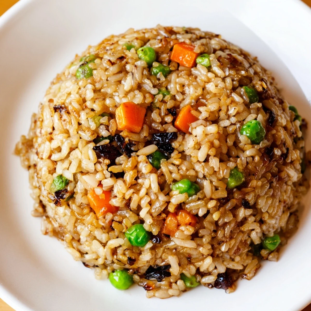 A close-up of Black Garlic Fried Rice showcases tender eggs, scallions, and a steamy, aromatic Asian fusion dinner.