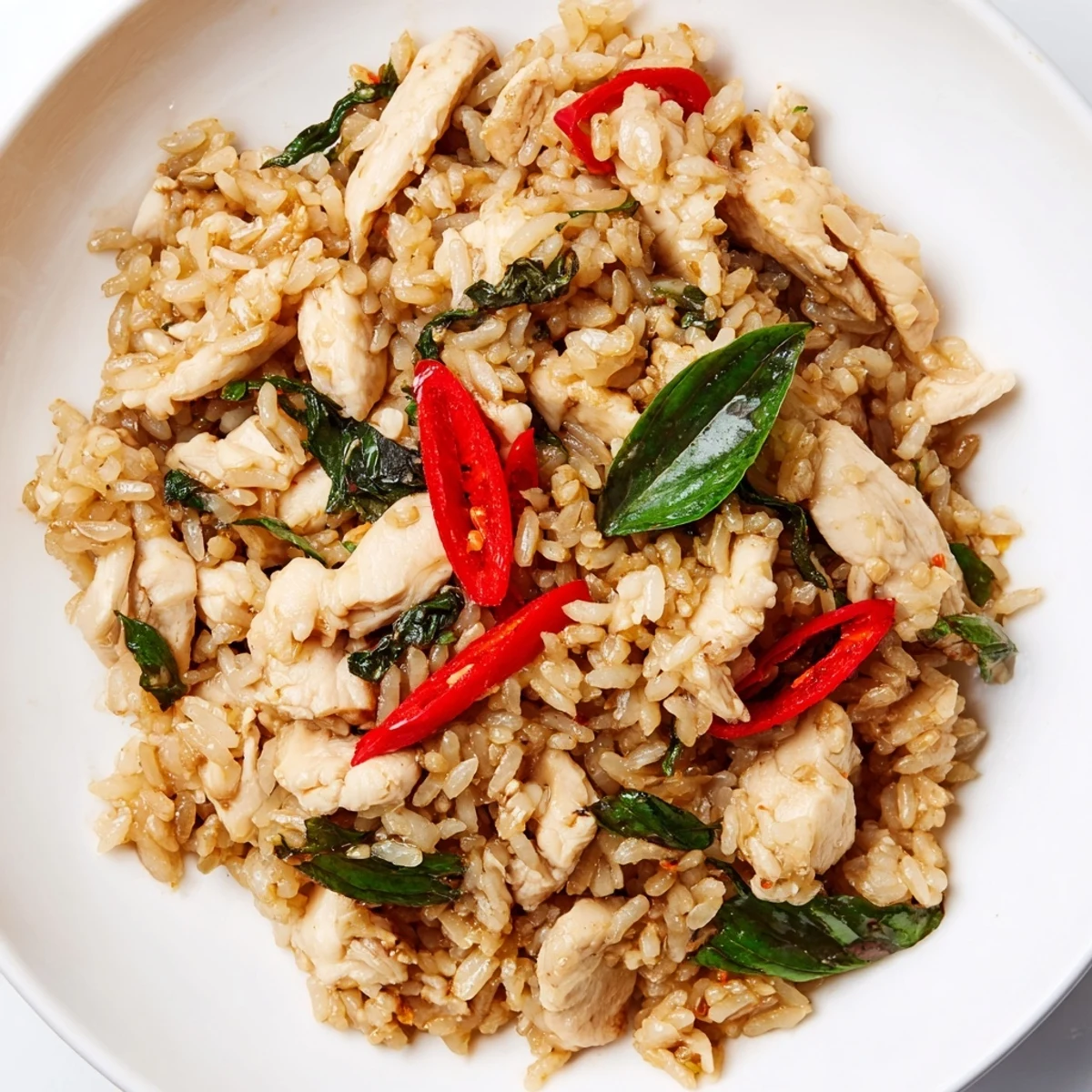 Thai Basil Chicken Fried Rice with tender chicken, holy basil, and Thai chilies, served hot with lime wedges and crisp cucumber slices.