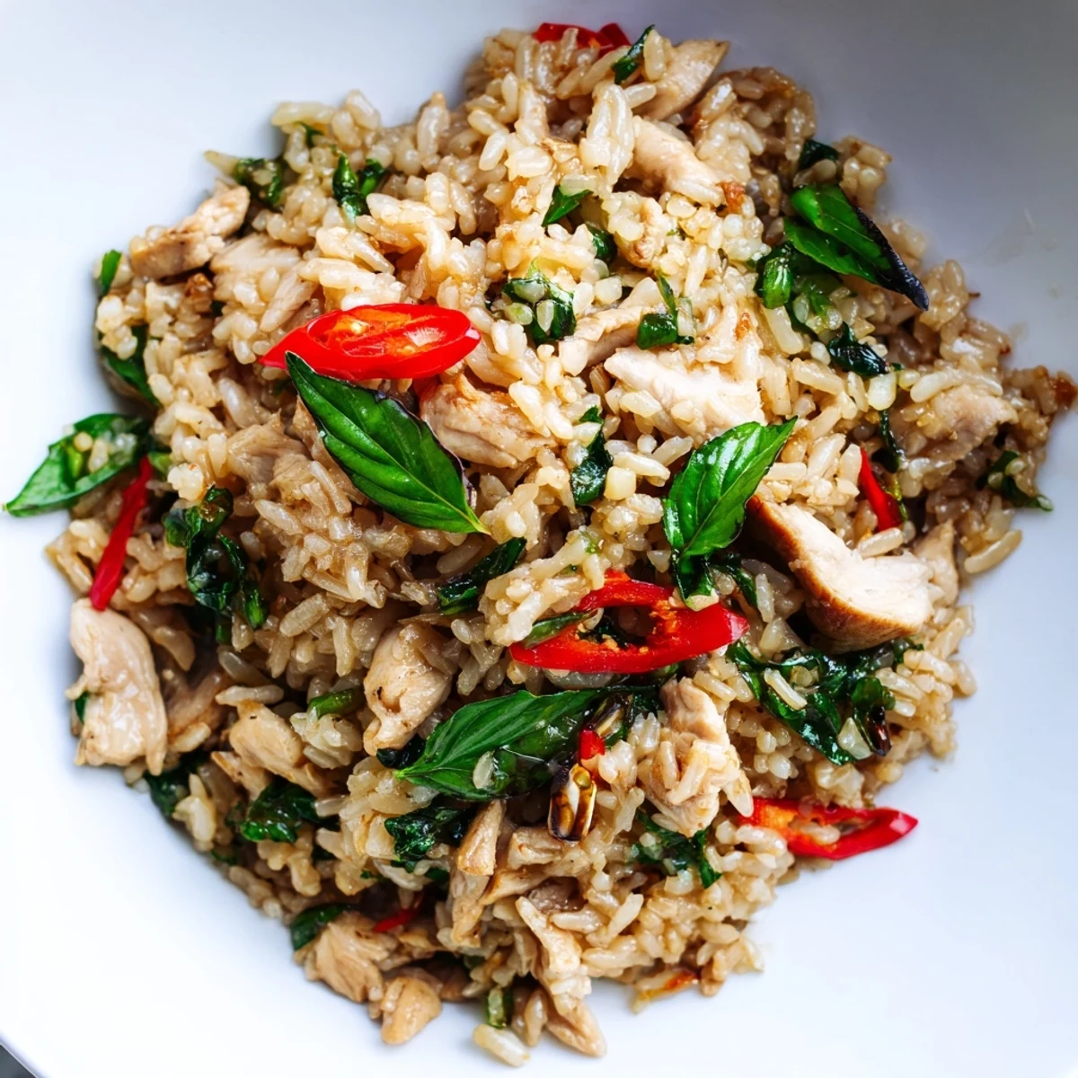 A close-up of Thai Basil Chicken Fried Rice garnished with fresh holy basil, sliced cucumbers, and a squeeze of lime for bright flavor.