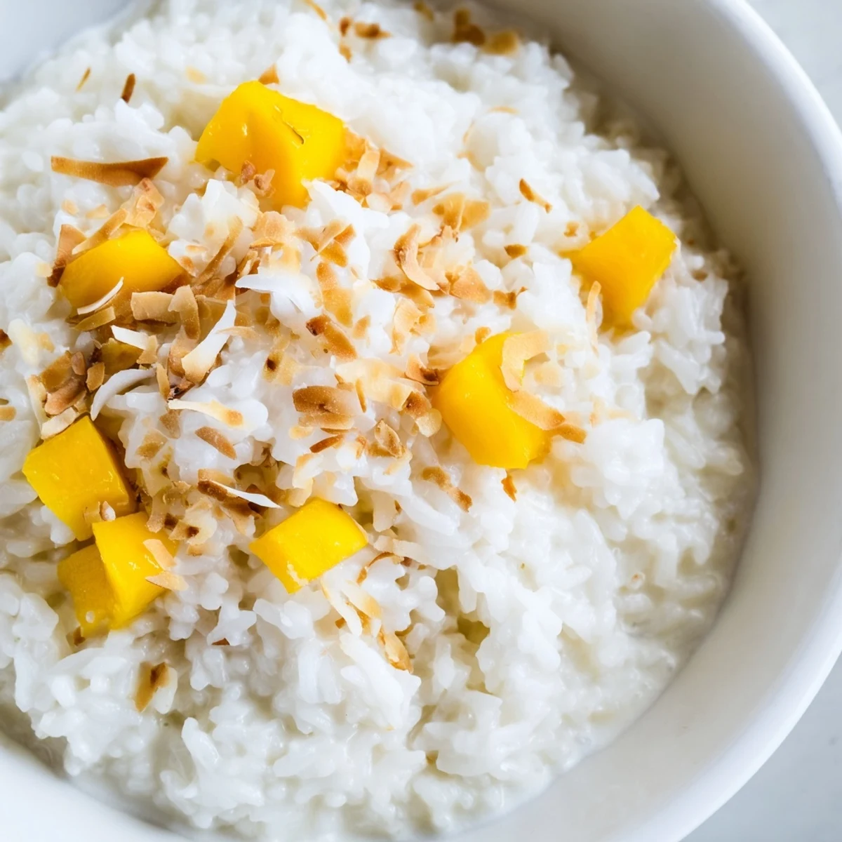 Steamed jasmine rice soaked in creamy coconut milk, lightly sweetened and topped with toasted flakes and fresh mango for a tropical dessert.  