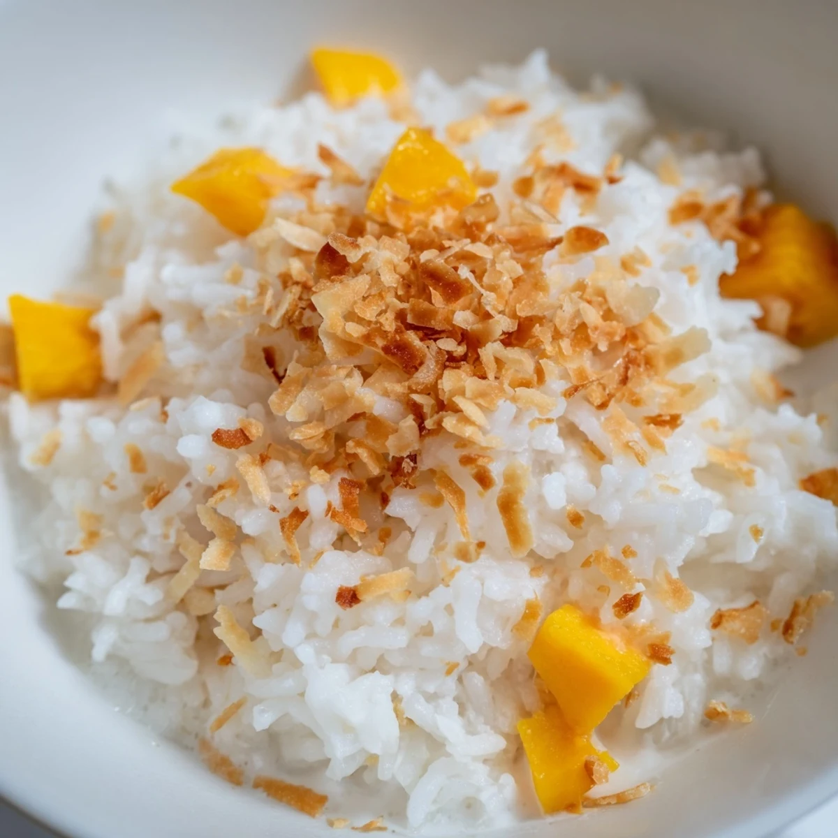 Sweet coconut rice in a white bowl, topped with pineapple chunks and toasted coconut for a colorful finish.