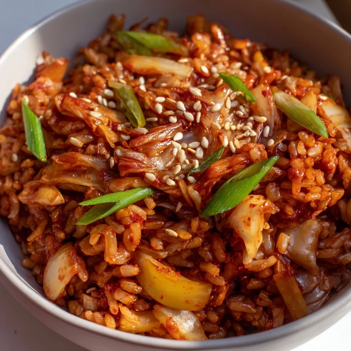 Spicy Kimchi Fried Rice sizzling in a skillet, mixed with colorful vegetables and fragrant gochujang, ready to serve.  