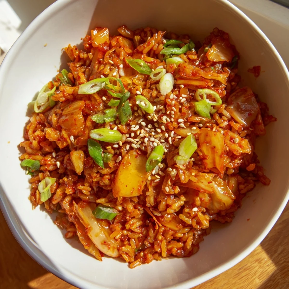 Colorful Kimchi Fried Rice in a ceramic bowl, garnished with green onions and sesame seeds, perfect for a quick dinner.