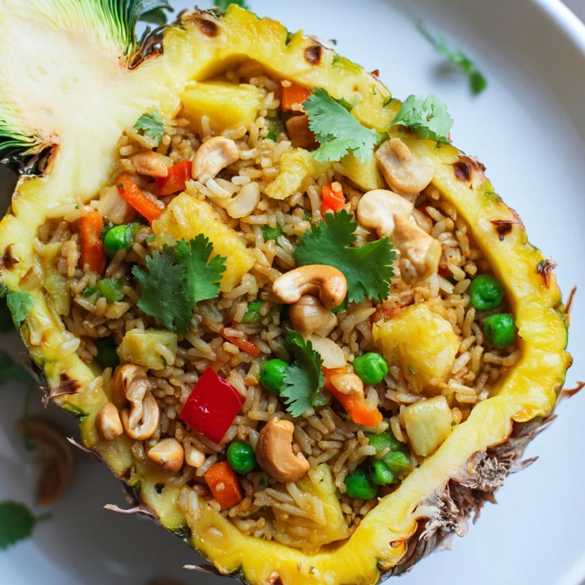 A vibrant presentation of Pineapple Fried Rice served in a hollowed pineapple shell, garnished with fresh cilantro and lime wedges.