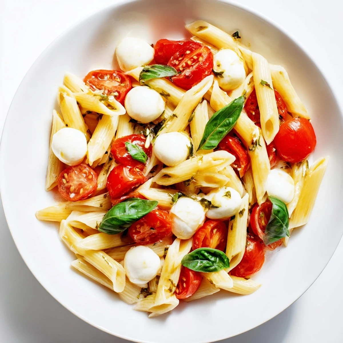 Juicy cherry tomatoes and creamy mozzarella pearls mingle with al dente fusilli in this vibrant Caprese Salad Pasta, glistening with olive oil.