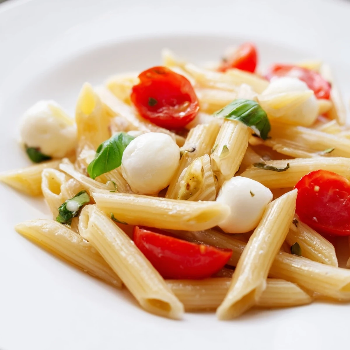 Enjoy a bite of chilled Caprese Salad Pasta, featuring tender short pasta, fresh mozzarella, and a sweet drizzle of balsamic glaze.