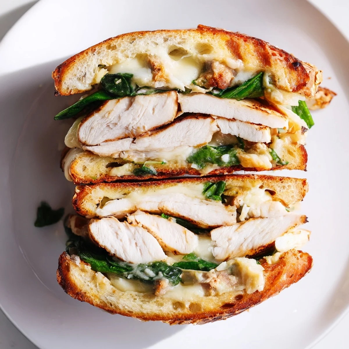 Close-up of a golden-brown Grilled Chicken Spinach Panini cut in half, revealing layers of juicy grilled chicken, fresh spinach, and melted mozzarella cheese on crusty bread.