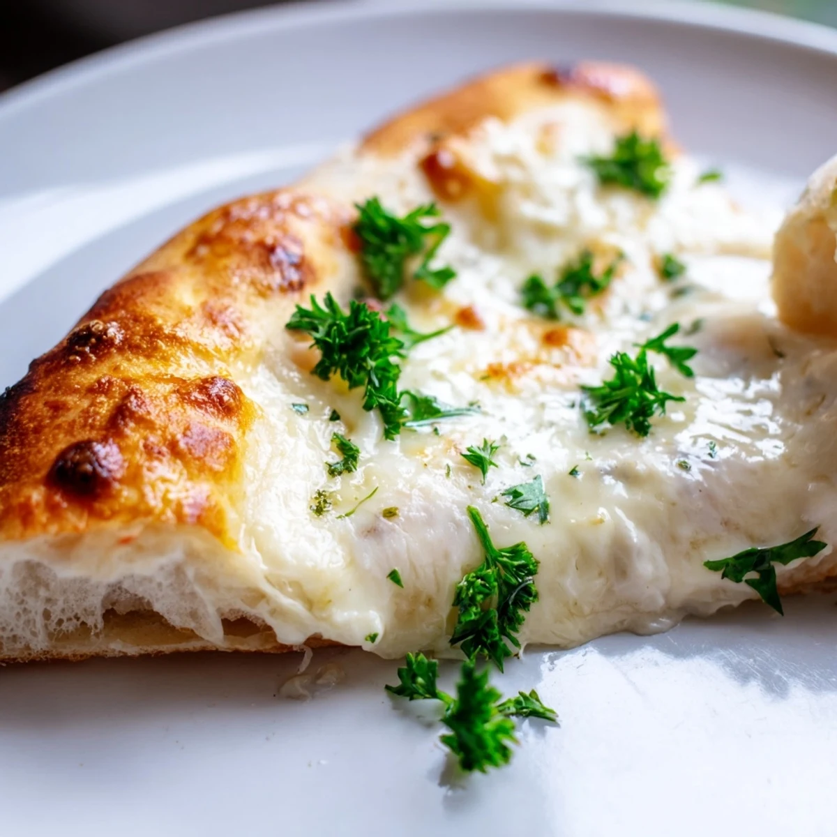 A close-up of a golden, bubbling Creamy Garlic White Pizza slice, showcasing melted mozzarella over a creamy garlic sauce on a crisp crust.  