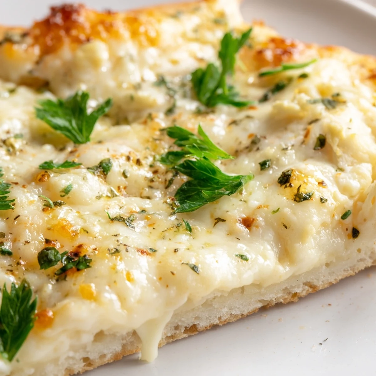 Overhead view of a rustic Creamy Garlic White Pizza, featuring a velvety garlic cream sauce and bubbly cheese on a perfectly baked crust.