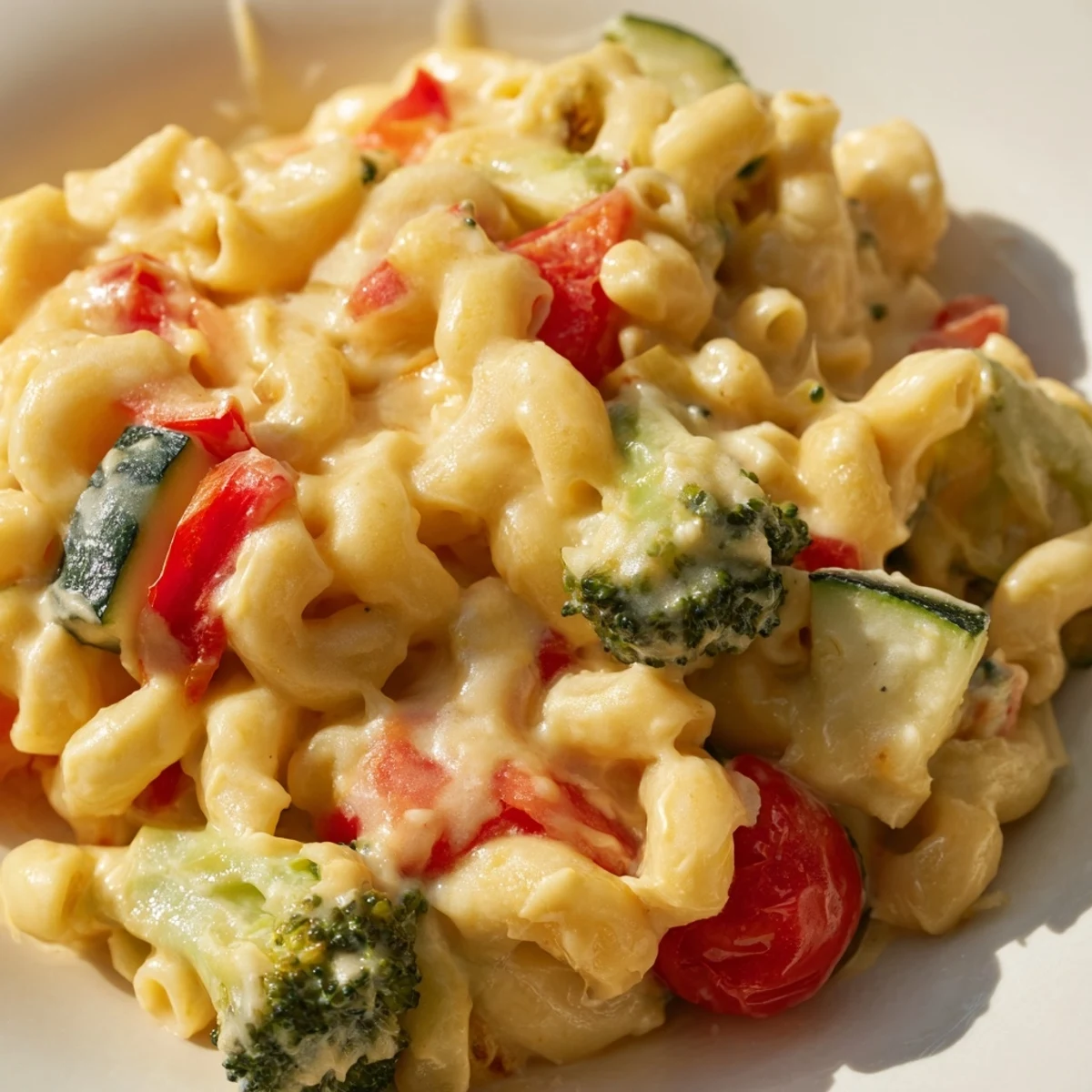 Roasted Veggie Mac & Cheese features golden, caramelized vegetables piled onto creamy cheddar pasta in a warm baking dish.