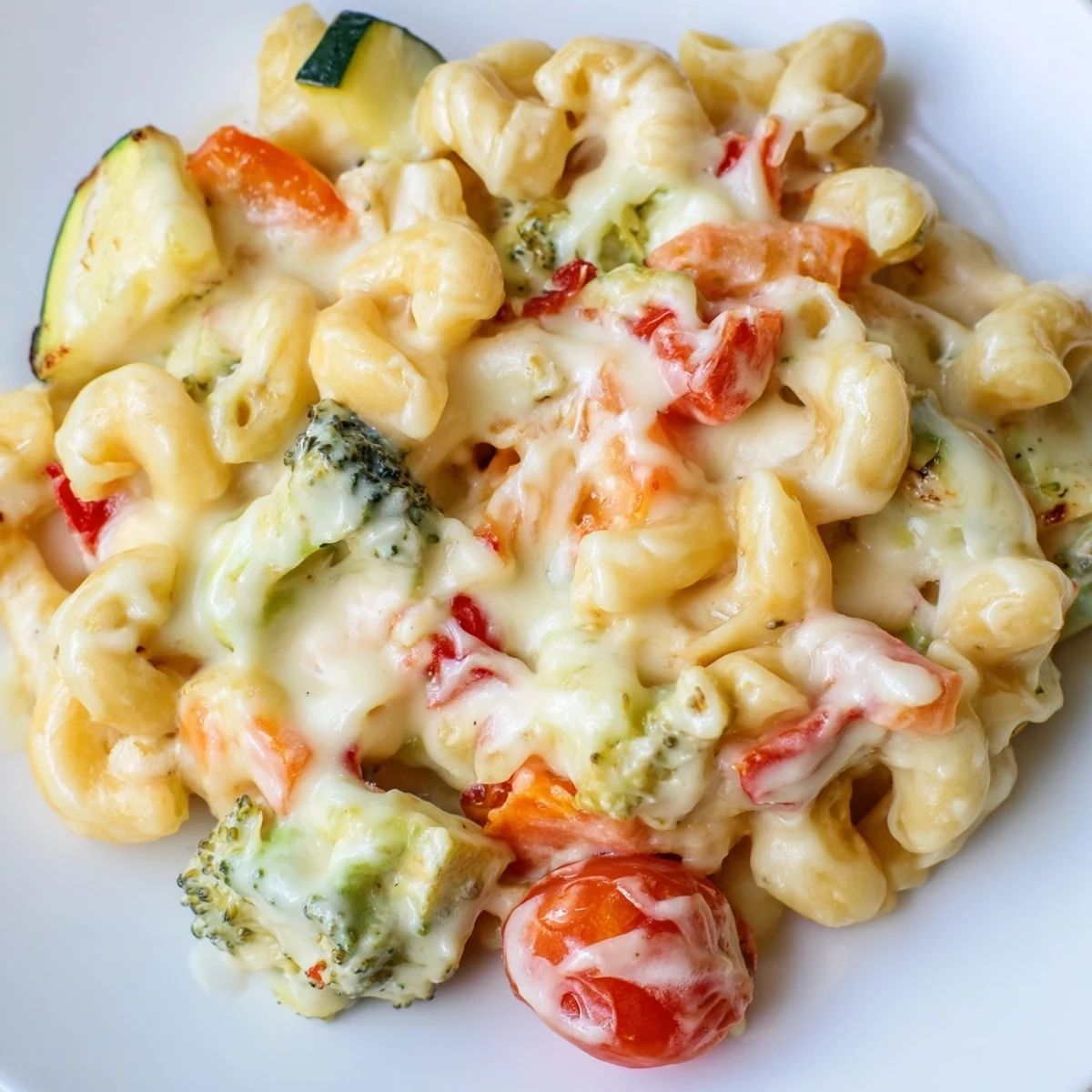 This vegetarian Roasted Veggie Mac & Cheese shows elbow macaroni coated in rich sauce with vibrant red pepper and broccoli.