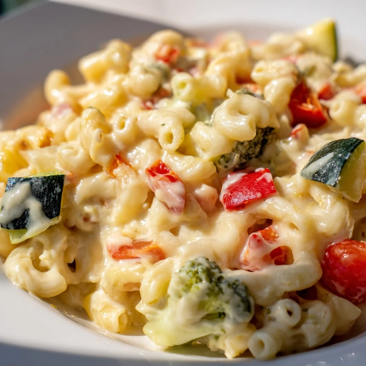 A comforting serving of Roasted Veggie Mac & Cheese with glossy cheese sauce, tender pasta, and roasted zucchini and tomatoes.
