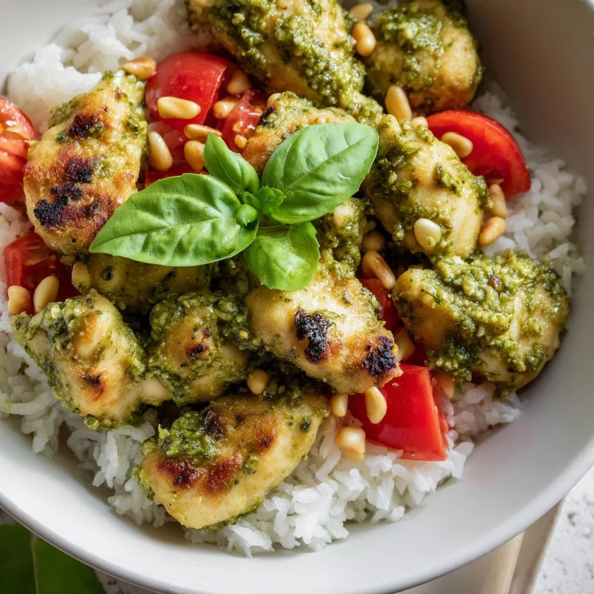 Vibrant Chicken Pesto Rice Bowl with golden chicken, juicy tomatoes, and fresh basil garnish served in a rustic bowl.