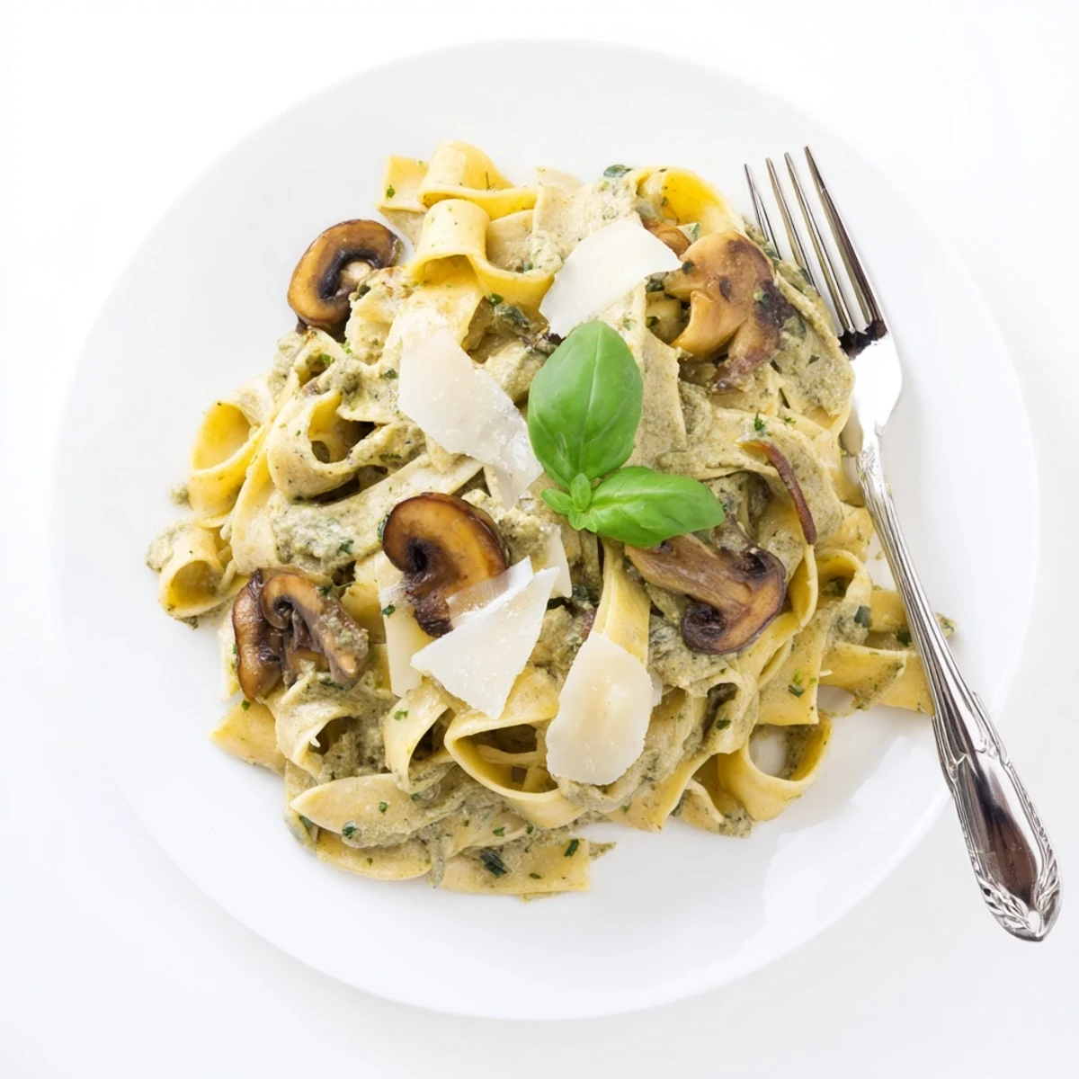 Golden-brown sautéed mushrooms and penne pasta coated in a creamy basil pesto sauce, served hot and garnished with fresh basil leaves.