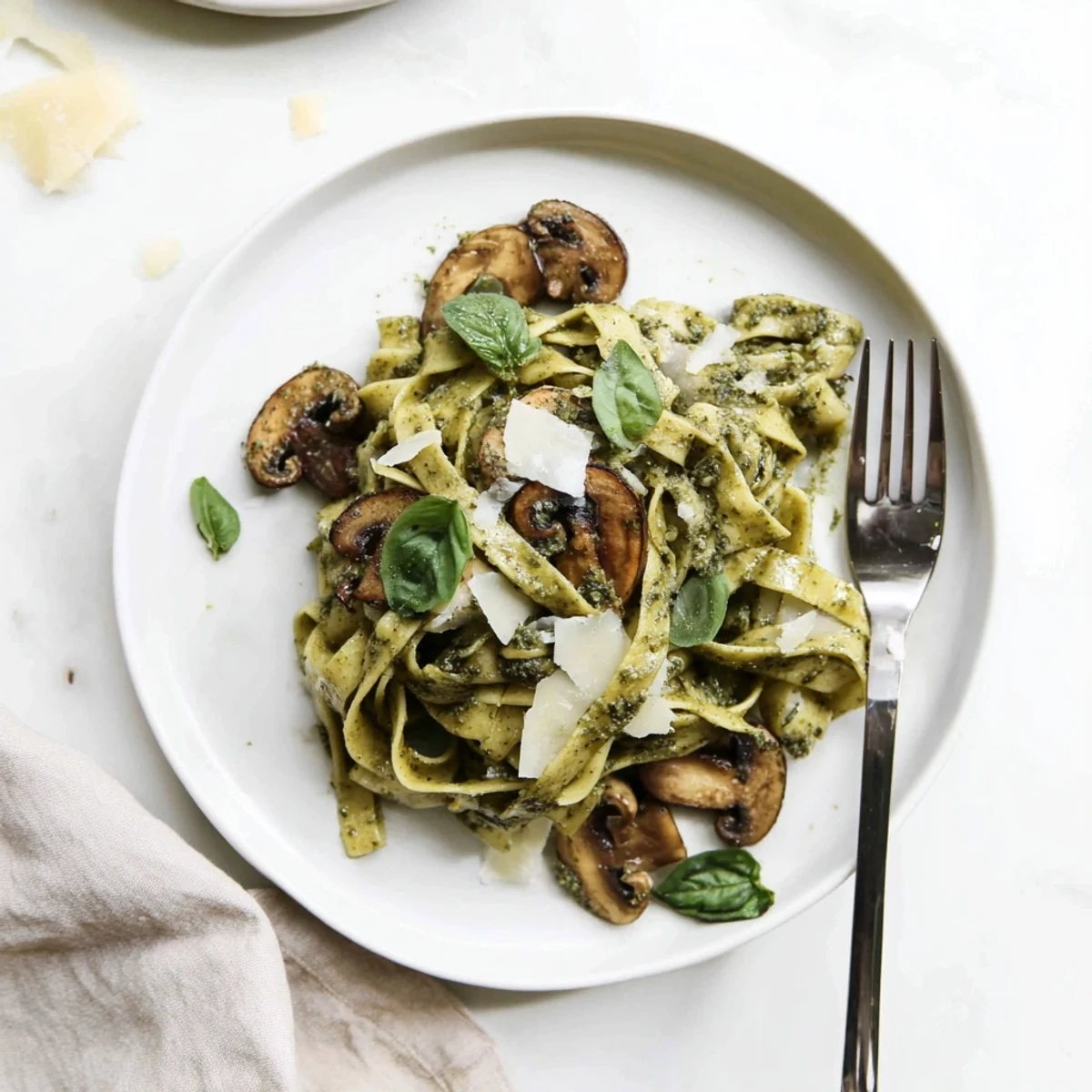 Steaming bowl of homemade mushroom pesto pasta with tender cremini mushrooms and a luscious, creamy sauce for a comforting weeknight meal.