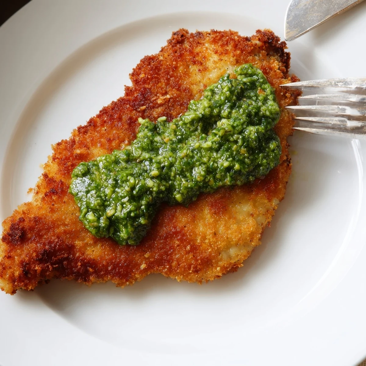 Sizzling pan-fried Crispy Pesto Chicken Cutlets reveal juicy interiors and herb-flecked crusts, ideal paired with a crisp white wine.