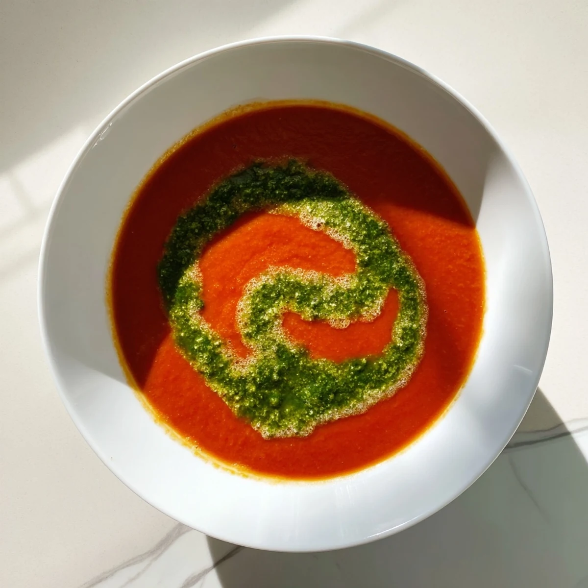 A warm bowl of creamy Tomato Soup with Basil Pesto Swirl, garnished with a drizzle of vibrant green pesto and fresh basil leaves.