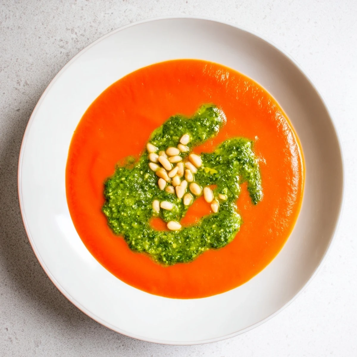 Steam rises from a comforting serving of Tomato Soup with Basil Pesto Swirl, paired with a crispy grilled cheese sandwich for dipping.
