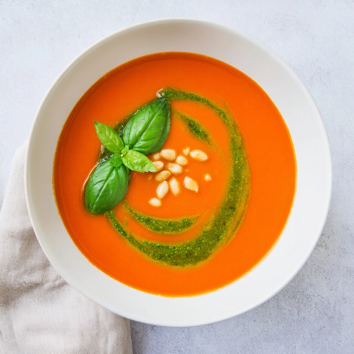 Rich red tomato soup is beautifully finished with a swirl of fresh basil pesto, creating a colorful and aromatic Italian-inspired meal.